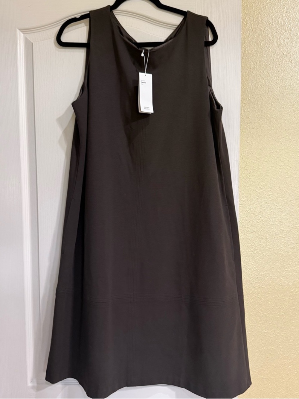 Eileen Fisher Brown Milano Viscose Knit Sleeveless Shift Dress Large Pockets NWT